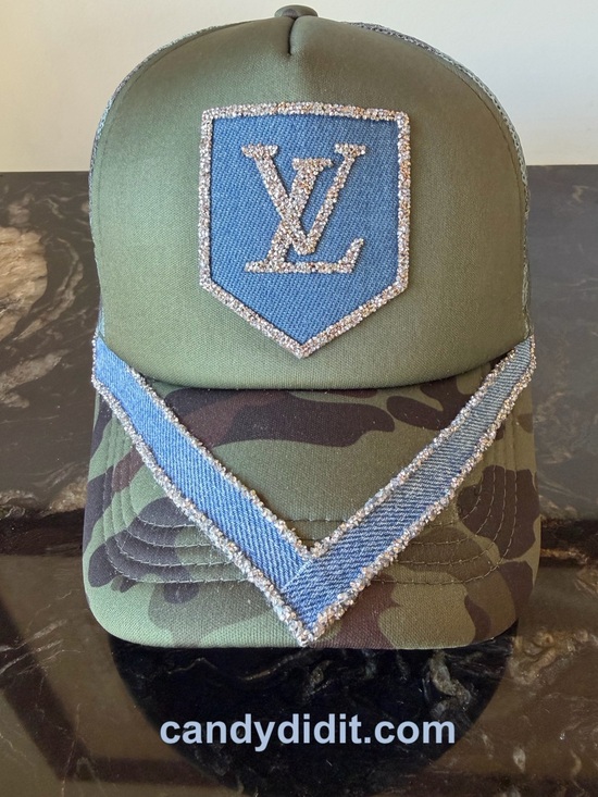 Candy Did It! Accessories - NWT Handmade Olive Green & Camouflage Baseball Cap with Blue Denim Patch
